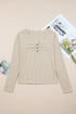 Lace Trim Button Henley Lettuce Edge Ribbed Top